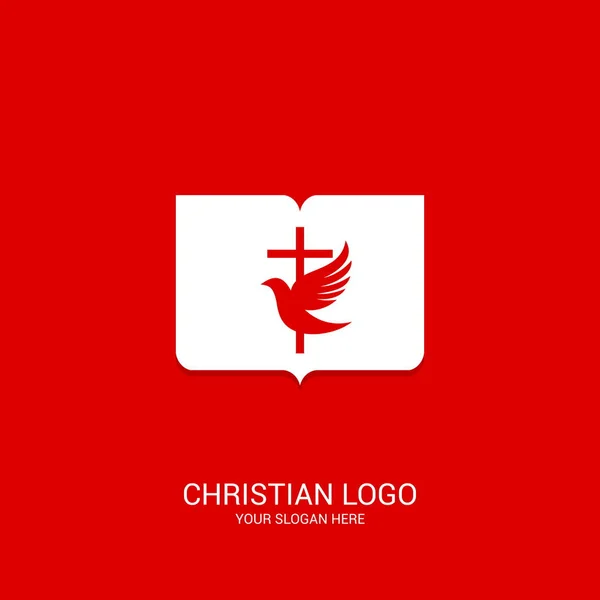 Křesťanské Církevní Logo Bibli Symboly Kříž Ježíš Kristus Holubice Pozadí — Stockový vektor