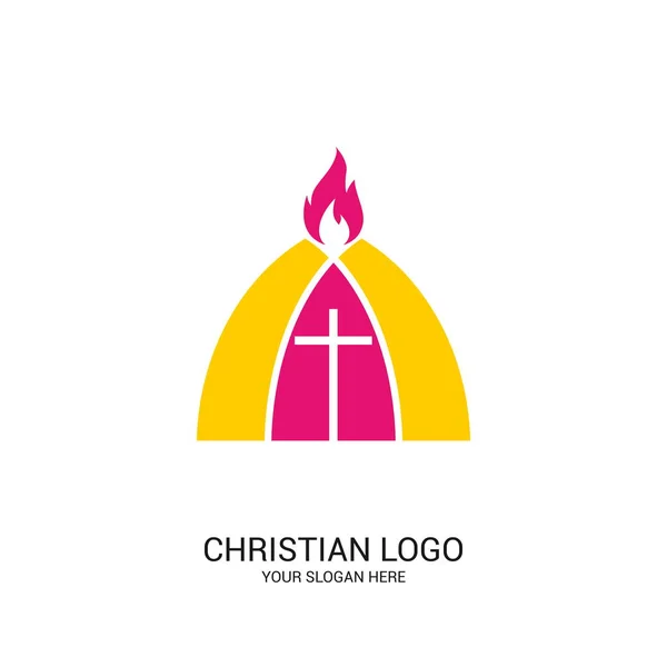 Křesťanské Církevní Logo Bibli Symboly Kříž Ježíš Kristus Plamen Ducha — Stockový vektor