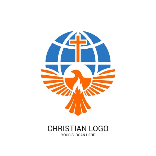 Křesťanské Církevní Logo Bibli Symboly Plamen Kříž Ježíše Krista Holubice — Stockový vektor