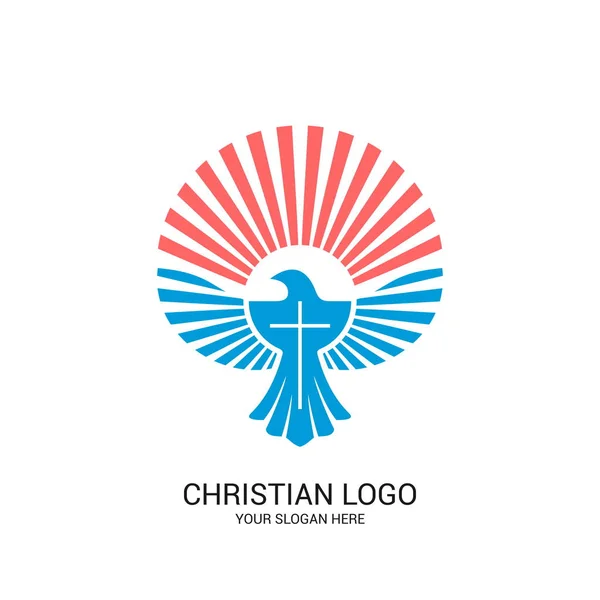 Křesťanské Církevní Logo Bibli Symboly Kříž Ježíše Krista Holubice Lesk — Stockový vektor