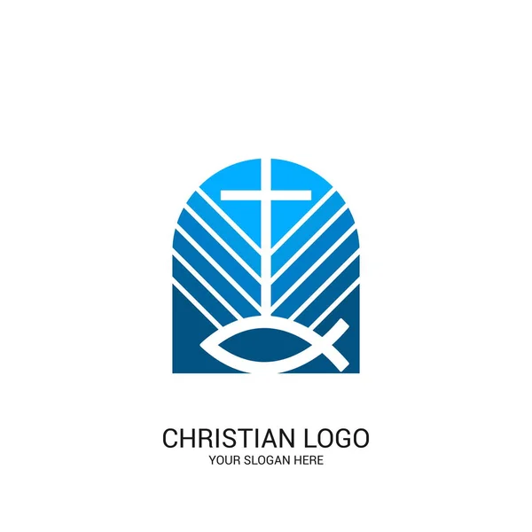Chrześcijański Kościół Logo Symbole Biblijne Znak Ryb Krzyż Jezusa Chrystusa — Wektor stockowy