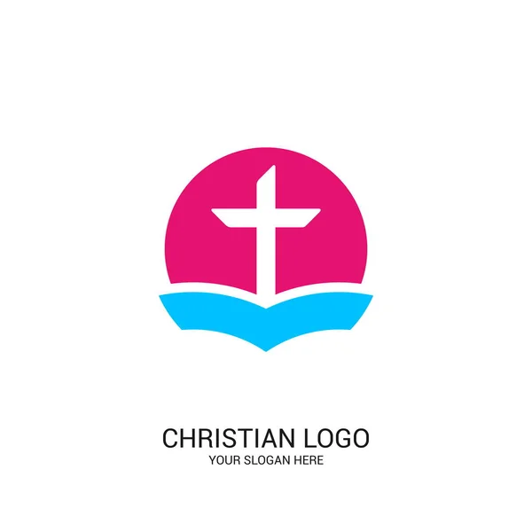 Chrześcijański Kościół Logo Symbole Biblijne Otwórz Biblię Krzyż Jezusa Chrystusa — Wektor stockowy