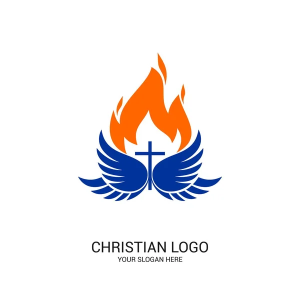 Křesťanské Církevní Logo Bibli Symboly Kříž Ježíše Krista Křídla Ducha — Stockový vektor