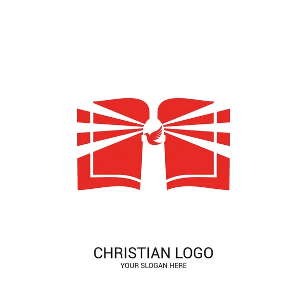 Křesťanské Církevní Logo Bibli Symboly Otevřené Bible Boží Maják Holubice — Stockový vektor