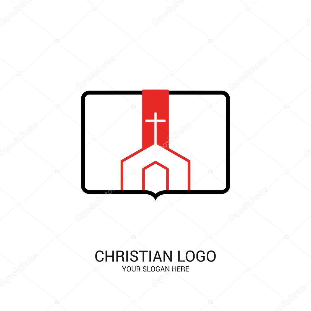 Christian church logo. Bible symbols. Christ Church on the background of an open bible.