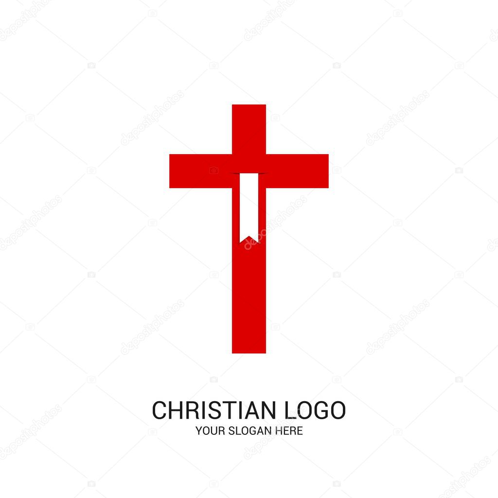 Christian church logo. Bible symbols. Bookmark from the Bible on the background of the cross.