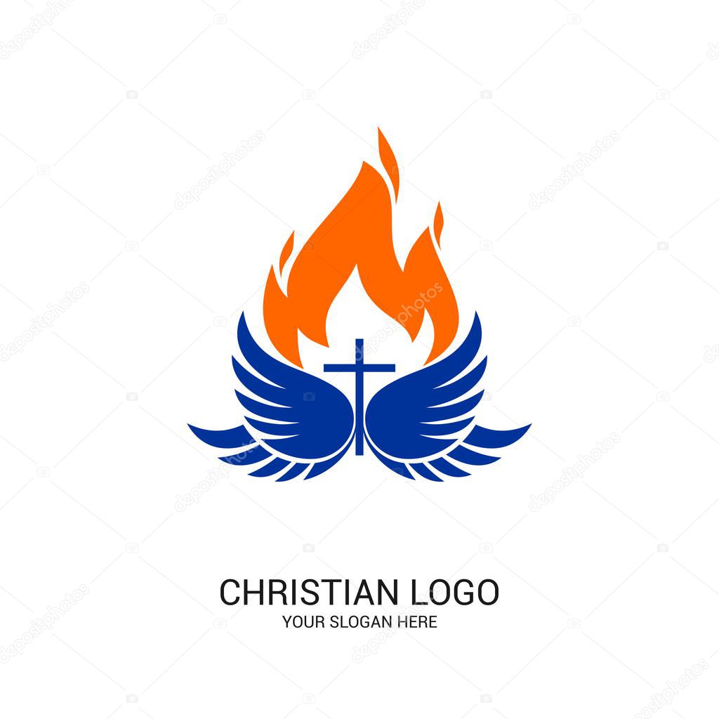 Christian church logo. Bible symbols. The cross of Jesus Christ, the wings of the Spirit and the flame.