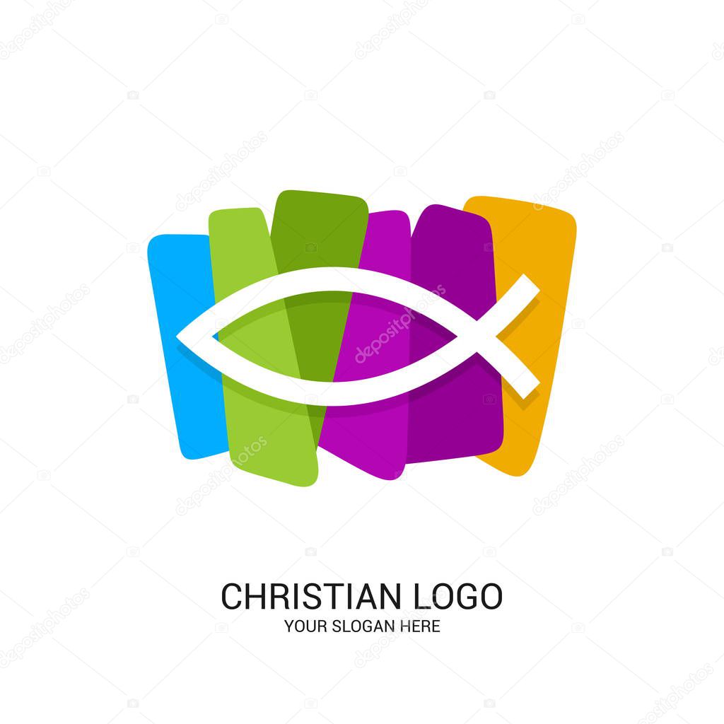Christian church logo. Bible symbols. The fish is a symbol of Jesus Christ, in color blocks.