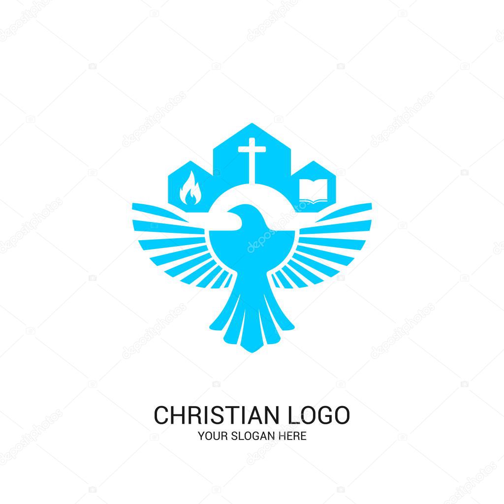 Christian church logo. Bible symbols. The Church of the Lord and Savior Jesus Christ and the symbol of the Holy Spirit is the dove.