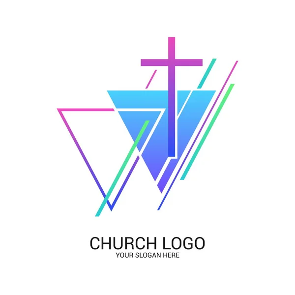 Kerk Logo Christelijke Symbolen Kruis Van Heiland Jezus Christus Geometrische — Stockvector