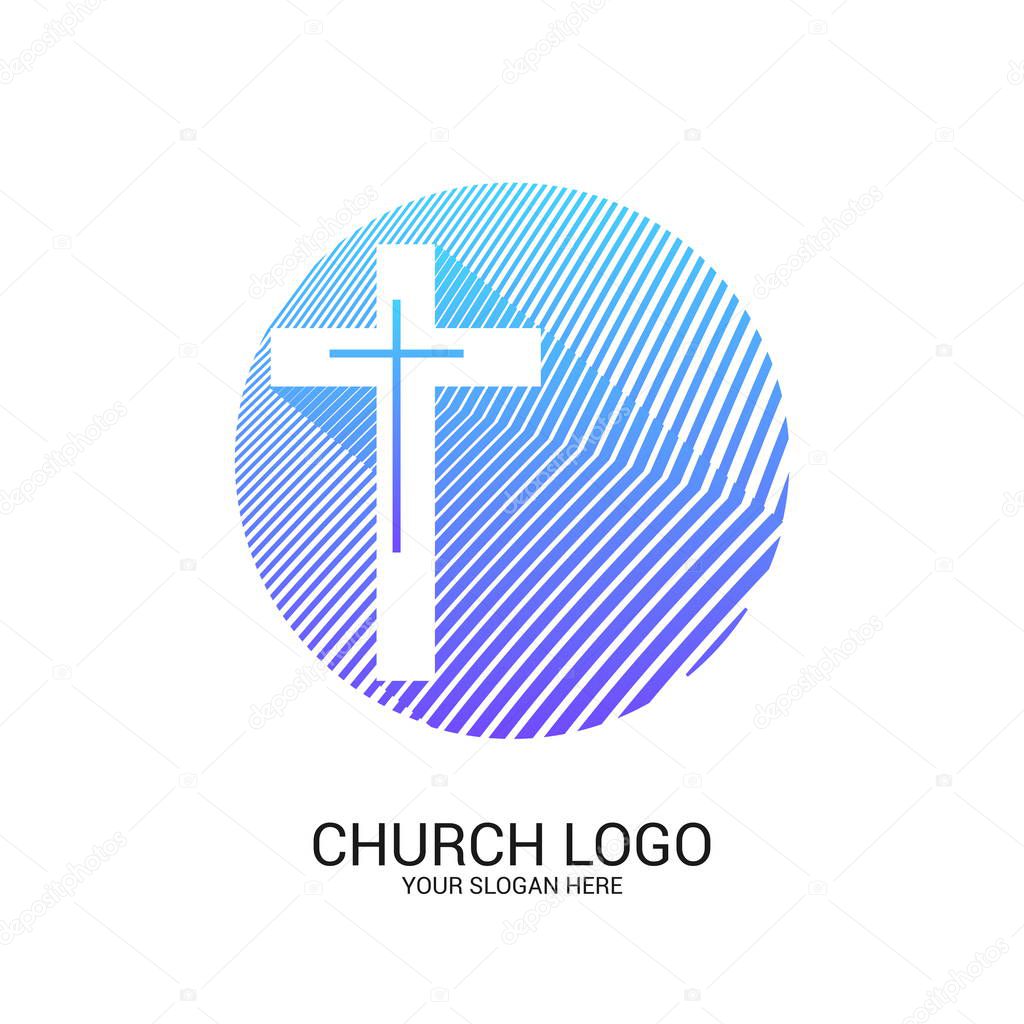 Church logo and christian symbols. Cross of the Savior Jesus Christ and geometric abstract symbols.