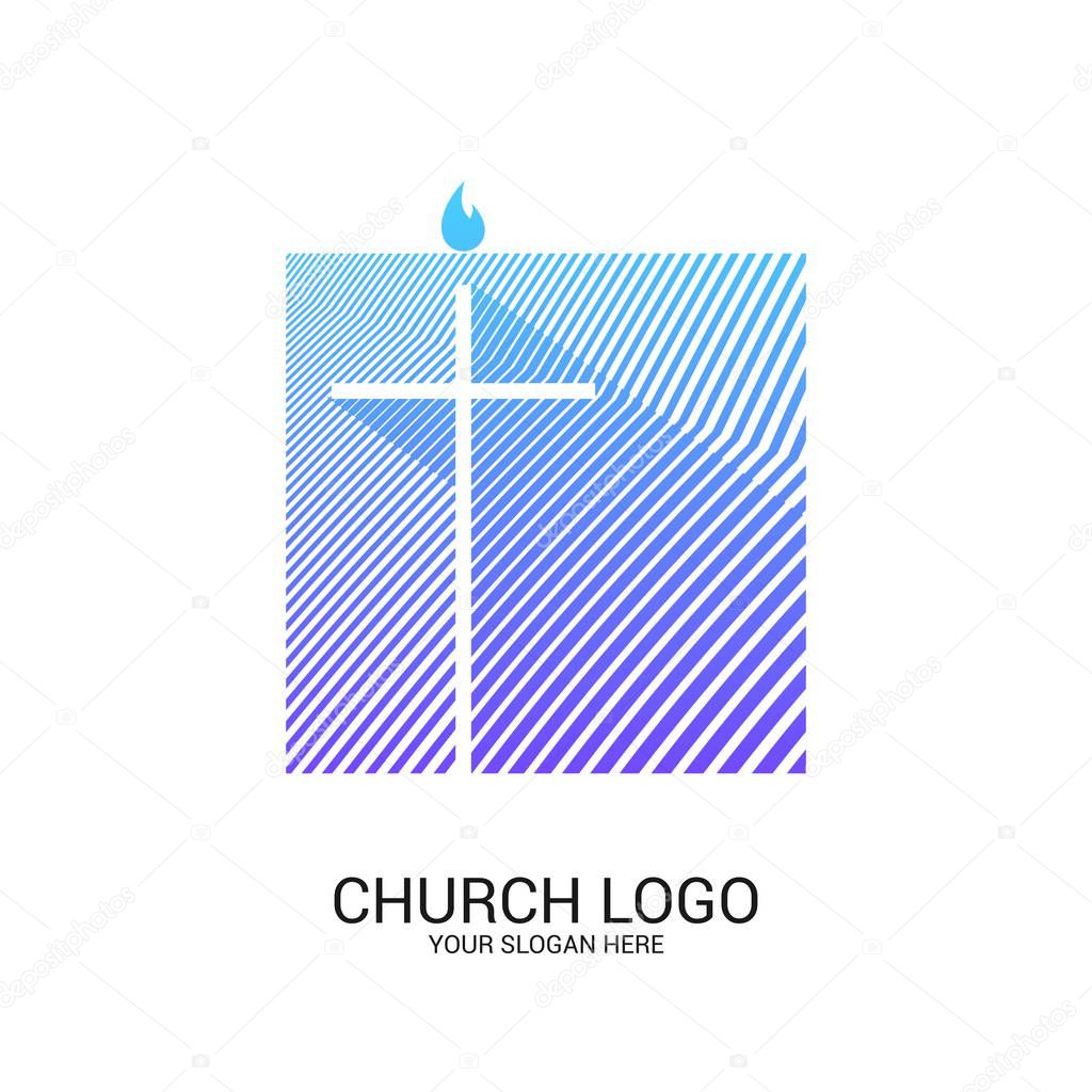 Church logo and christian symbols. Cross of the Savior Jesus Christ and geometric abstract symbols.