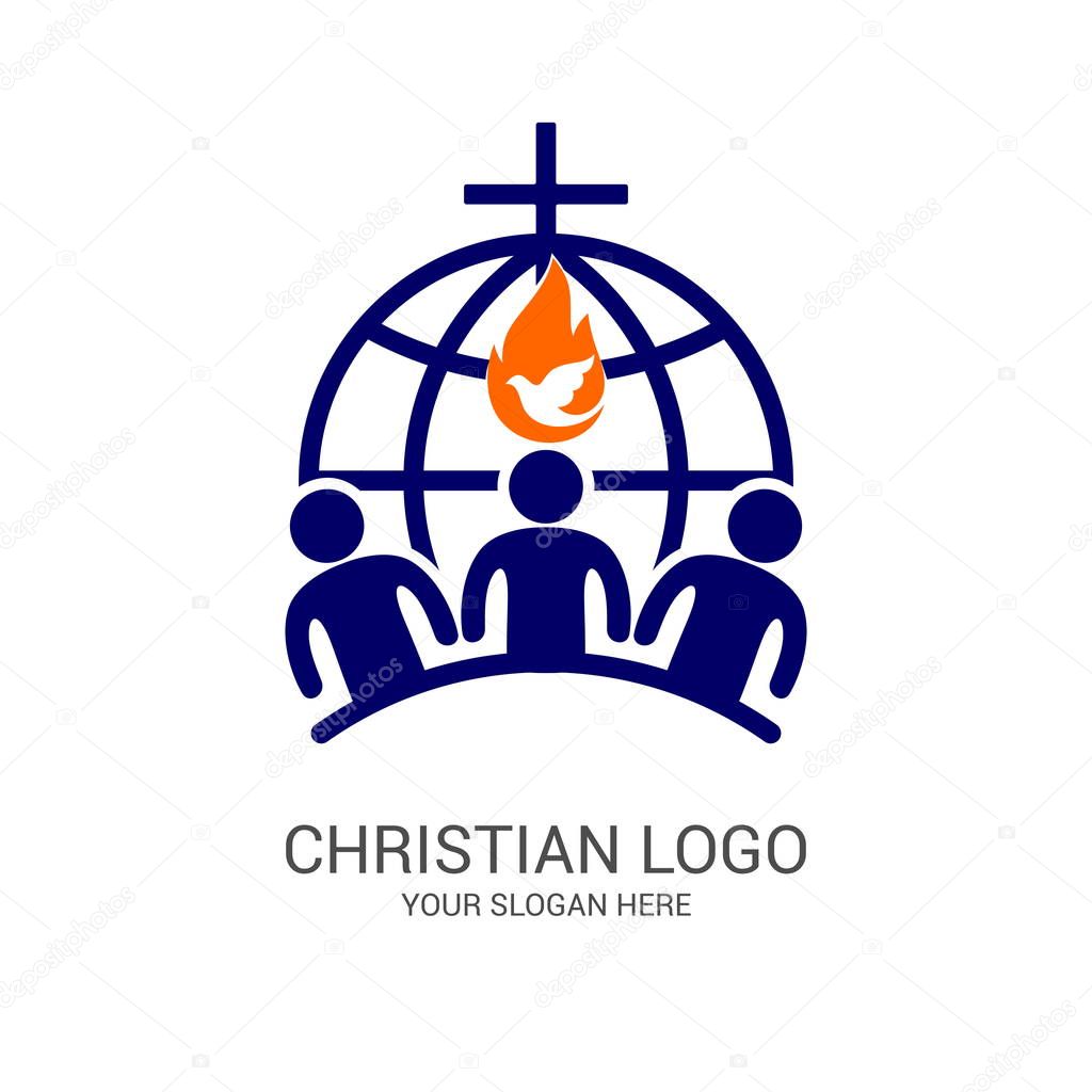 Church logo and biblical symbols. The unity of believers in Jesus Christ, the worship of God, participation in the evening of the Lord and the reading of the Holy Scriptures.