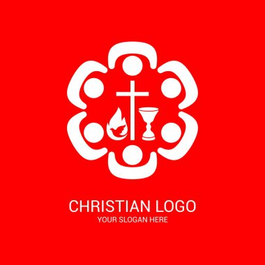 Kilise logosu ve İncil'deki semboller. İsa Mesih'e inananların birliği, Tanrı'ya ibadet, Rab'bin akşamına katılım ve Kutsal Yazılar'ın okunması.