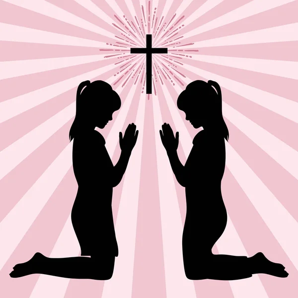 Silhouette Von Kindern Die Sich Gott Mit Gebet Und Anbetung — Stockvektor