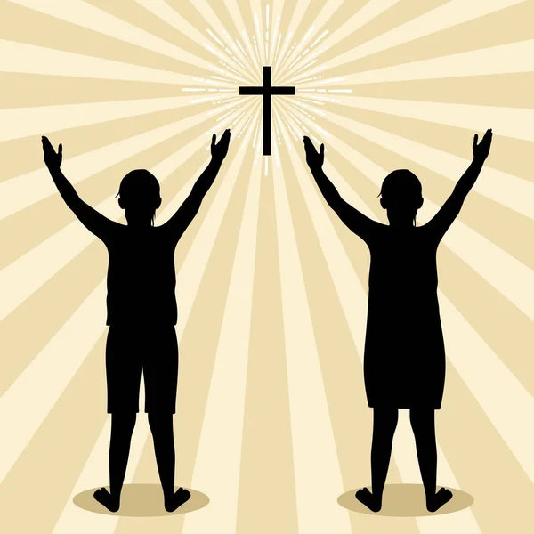 Силуэт Детей Обратился Богу Молитвой Поклонением — стоковый вектор
