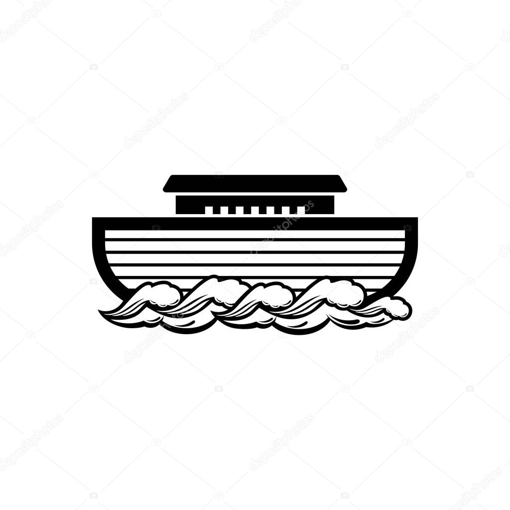 Logo of Noah's Ark. Ship to rescue animals and people from the Flood. Biblical illustration.
