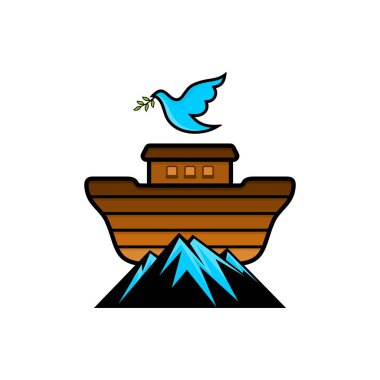 Logo Nuh'un gemisi dağın tepesinde. Zeytin dalı ile güvercin. Gemileri sel hayvanları ve insanları kurtarmak için. İncil illüstrasyon.