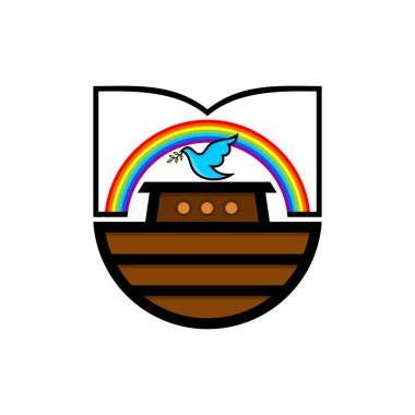 Nuh'un Gemisi Gökkuşağı logosu - sözleşmenin bir sembolü. Zeytin dalı ile güvercin. Gemileri sel hayvanları ve insanları kurtarmak için. İncil illüstrasyon.