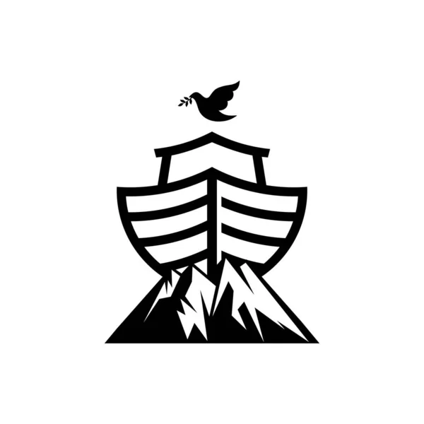 Logo Arka Noego Szczycie Góry Gołąb Gałązkami Oliwnymi Statek Ratowania — Wektor stockowy