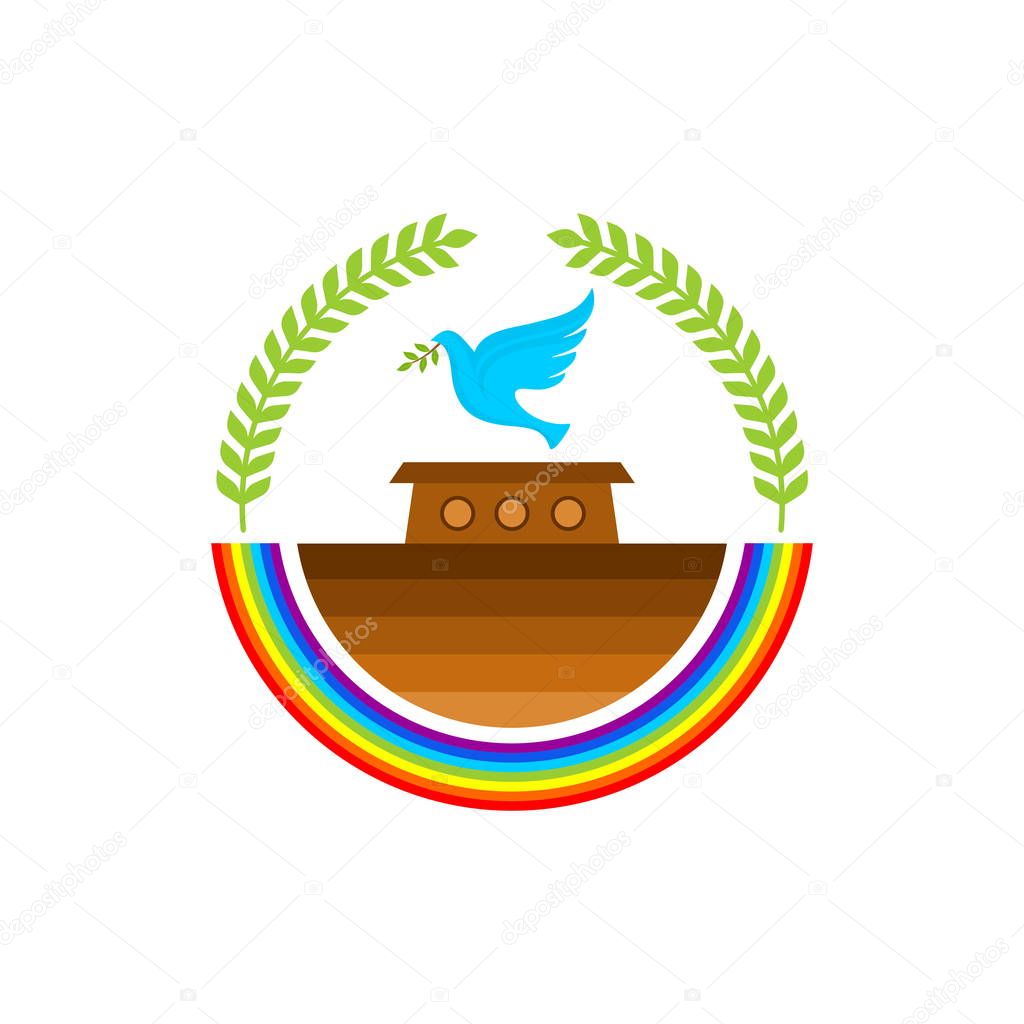Logo of Noah's Ark. Rainbow - a symbol of the covenant. Dove with a branch of olive. Ship to rescue animals and people from the Flood. Biblical illustration.