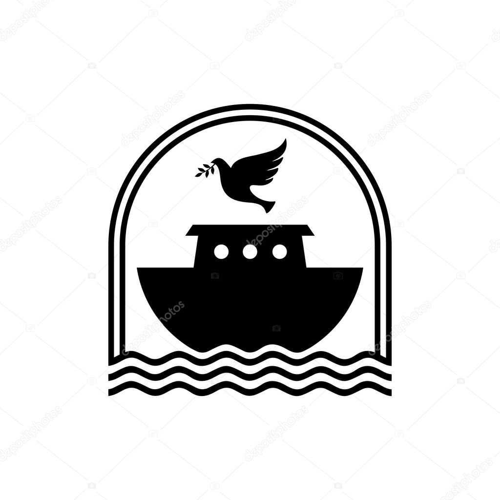 Logo of Noah's Ark. Dove with a branch of olive. Ship to rescue animals and people from the Flood. Biblical illustration.