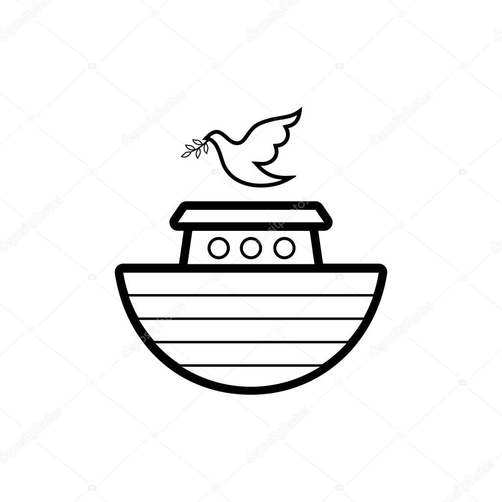 Logo of Noah's Ark. Dove with a branch of olive. Ship to rescue animals and people from the Flood. Biblical illustration.