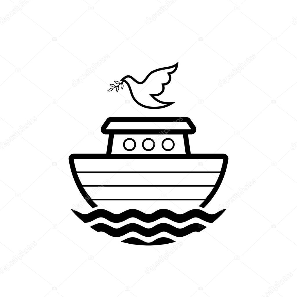 Logo of Noah's Ark. Dove with a branch of olive. Ship to rescue animals and people from the Flood. Biblical illustration.