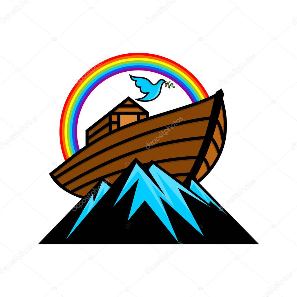 Logo of Noah's Ark. Rainbow - a symbol of the covenant. Dove with a branch of olive. Ship to rescue animals and people from the Flood. Biblical illustration.