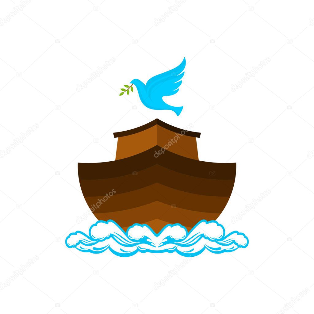 Logo of Noah's Ark. Dove with a branch of olive. Ship to rescue animals and people from the Flood. Biblical illustration.