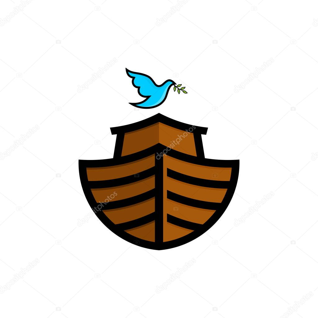 Logo of Noah's Ark. Dove with a branch of olive. Ship to rescue animals and people from the Flood. Biblical illustration.
