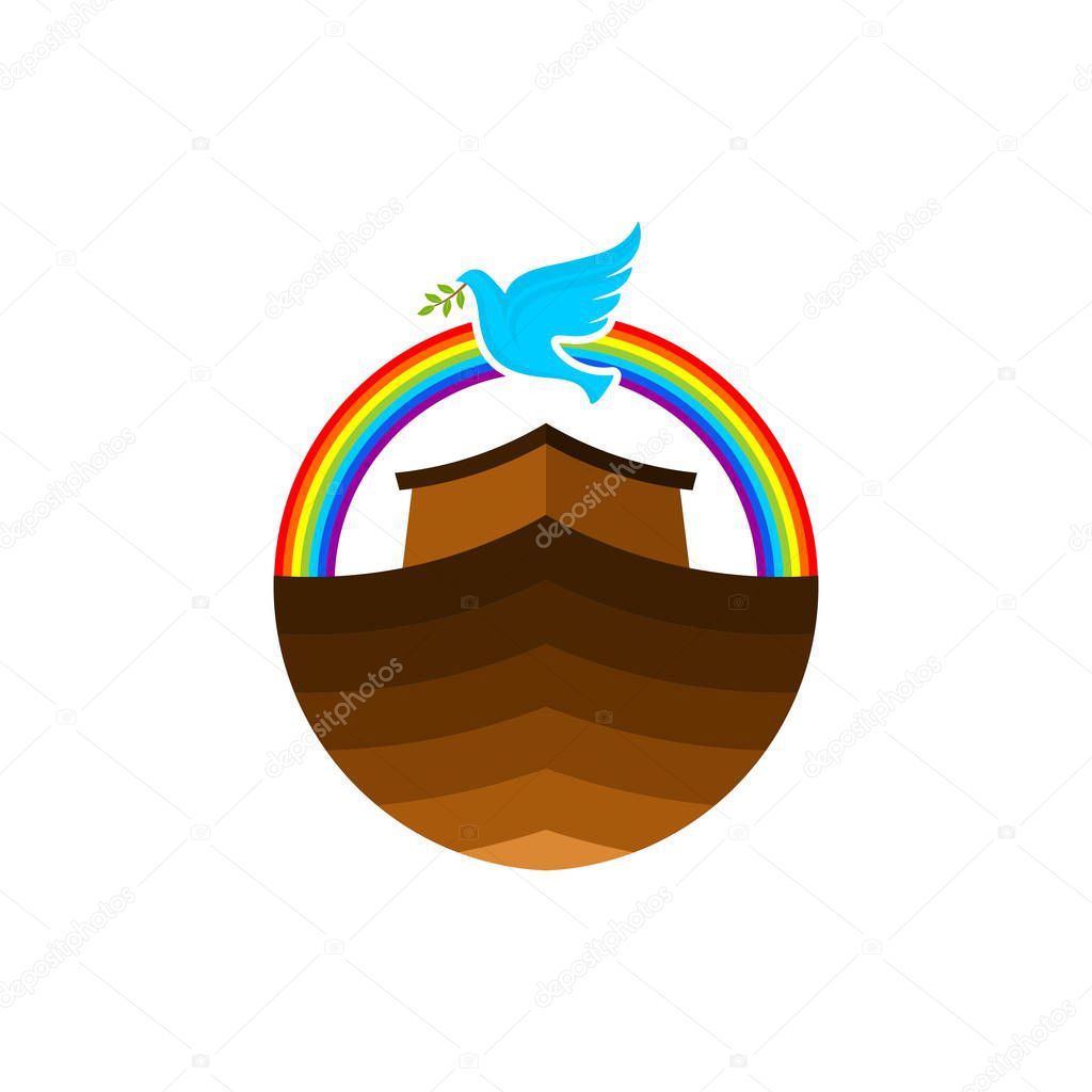 Logo of Noah's Ark. Rainbow - a symbol of the covenant. Dove with a branch of olive. Ship to rescue animals and people from the Flood. Biblical illustration.