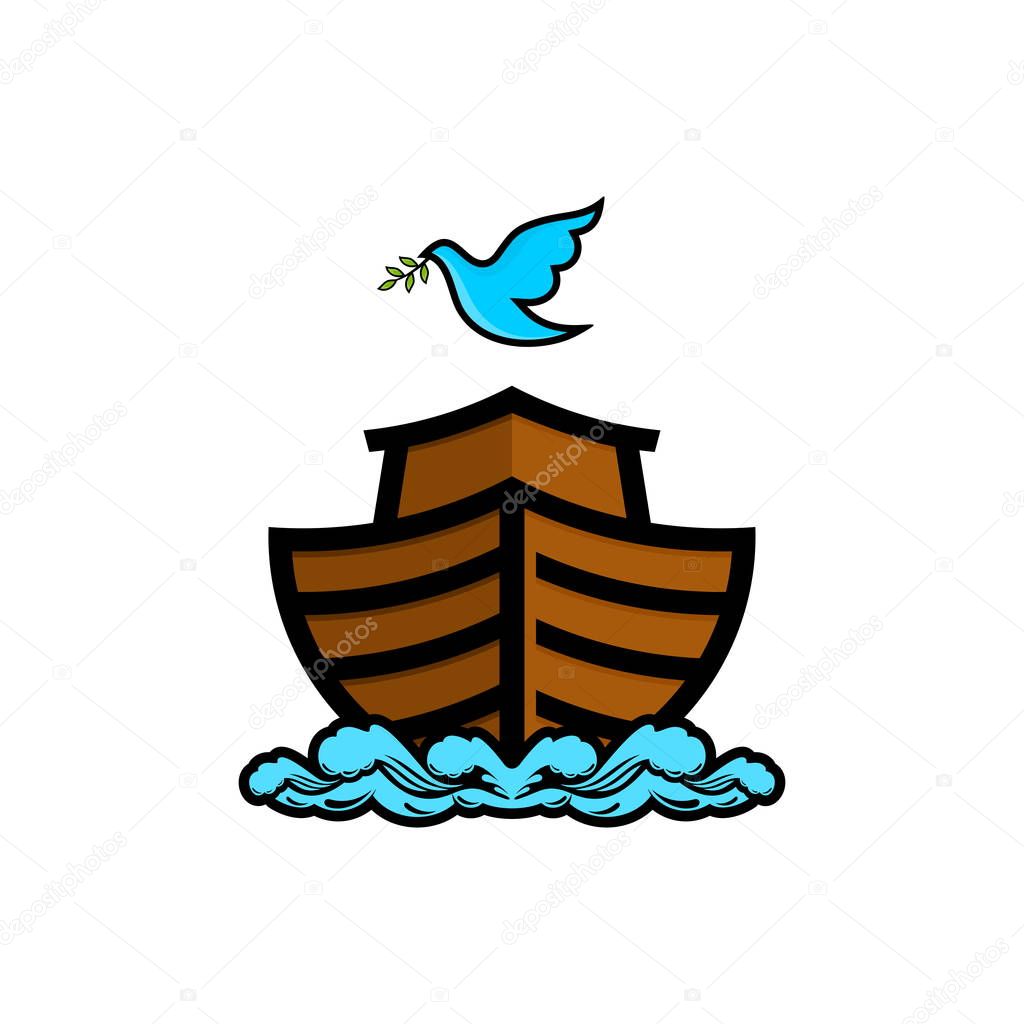Logo of Noah's Ark. Dove with a branch of olive. Ship to rescue animals and people from the Flood. Biblical illustration.