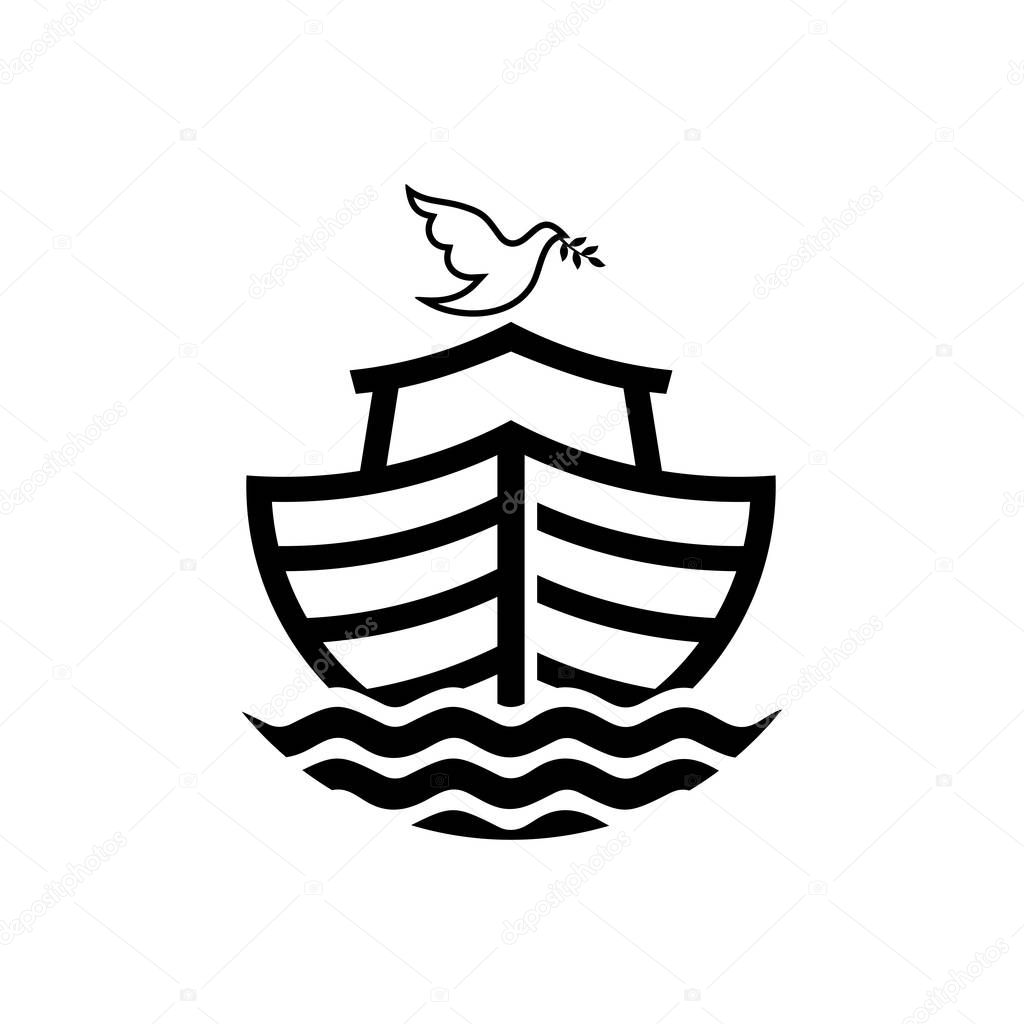 Logo of Noah's Ark. Dove with a branch of olive. Ship to rescue animals and people from the Flood. Biblical illustration.