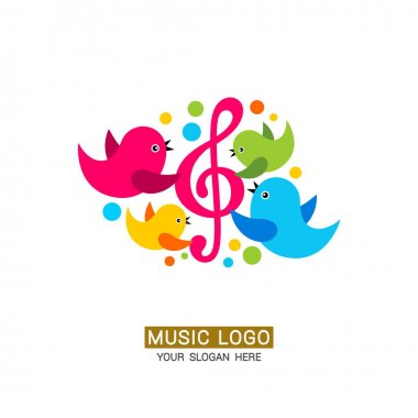 Müzik logosu. Renkli elemanları ile tiz clef etrafında kuş bir aile.