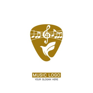 Müzik logosu. Bir gitar almak arka plan karşı Güvercin ve tiz clef.