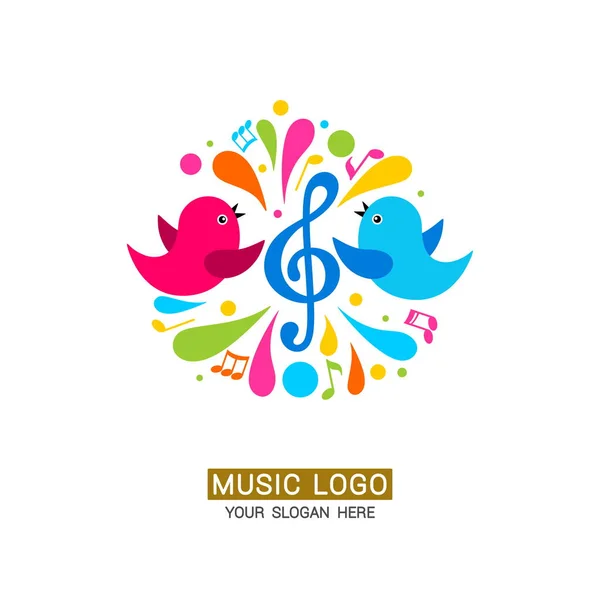 Logo Musical Une Famille Oiseaux Autour Une Clef Triangulaire Avec — Image vectorielle