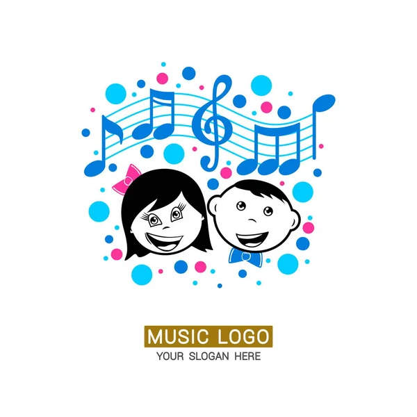 音乐徽标 男孩和女孩的背景与彩色元素的高音夹板 — 图库矢量图片
