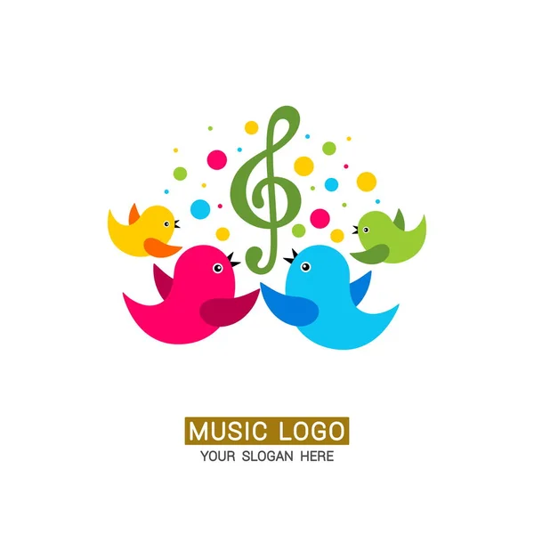 Музыкальный Логотип Семейство Птиц Вокруг Тройного Ключа Цветными Элементами — стоковый вектор