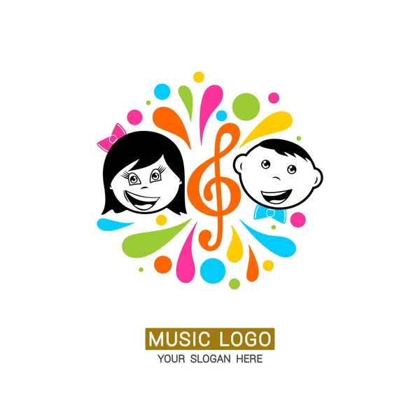 Logotipo Musical Menino Menina Fundo Uma Fenda Agudo Com Elementos — Vetor de Stock