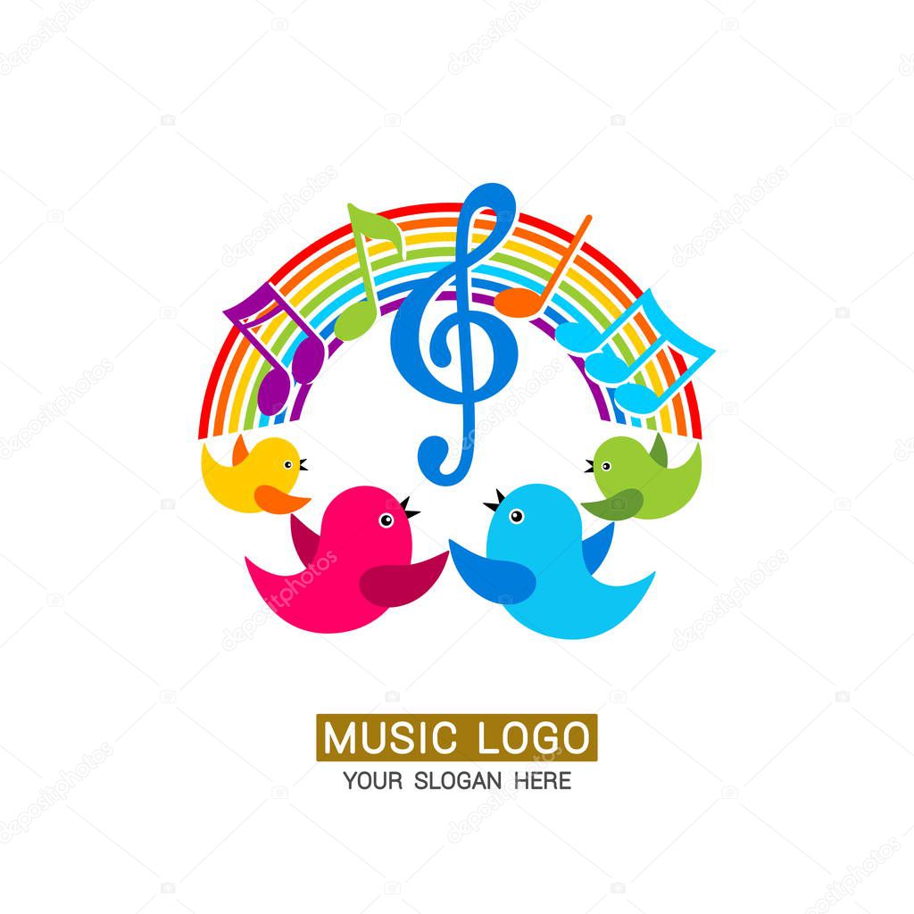 Music logo. Family of birds on a rainbow background with musical notes