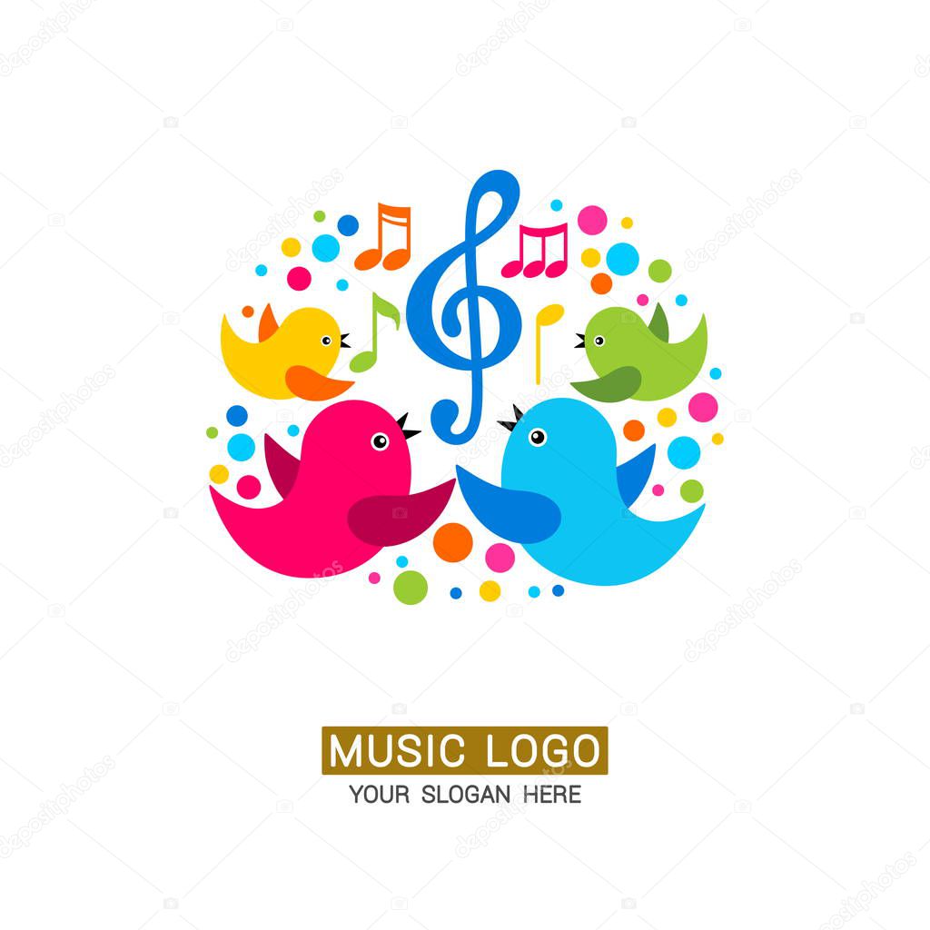 Music logo. A family of birds around a treble clef with colored elements.