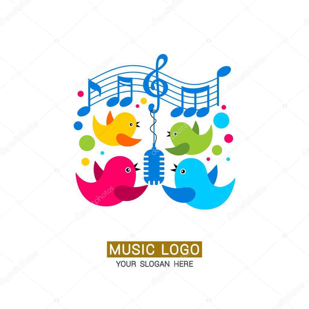 Music logo. Birds sing into a microphone, musical notes around.