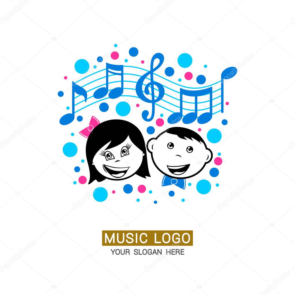 Music logo. Boy and girl on the background of a treble clef with colored elements.