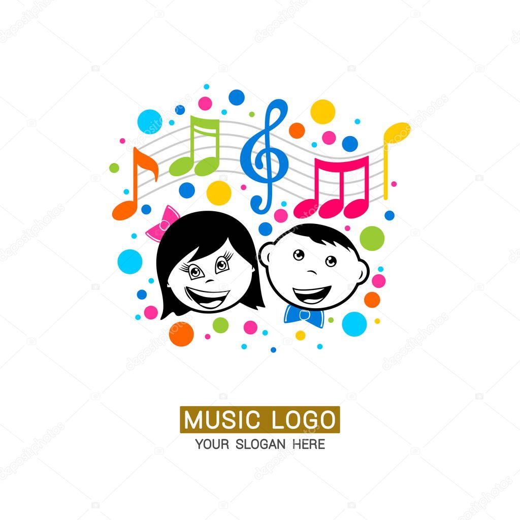 Music logo. Boy and girl on the background of a treble clef with colored elements.