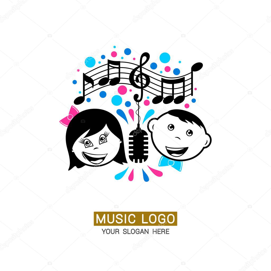 Music logo. A boy and a girl sing into a microphone, musical notes and colored elements around them.