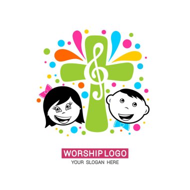 İbadet logosu. Çarmıhta tiz clef. Tanrı'yı yücelten mutlu çocuklar.