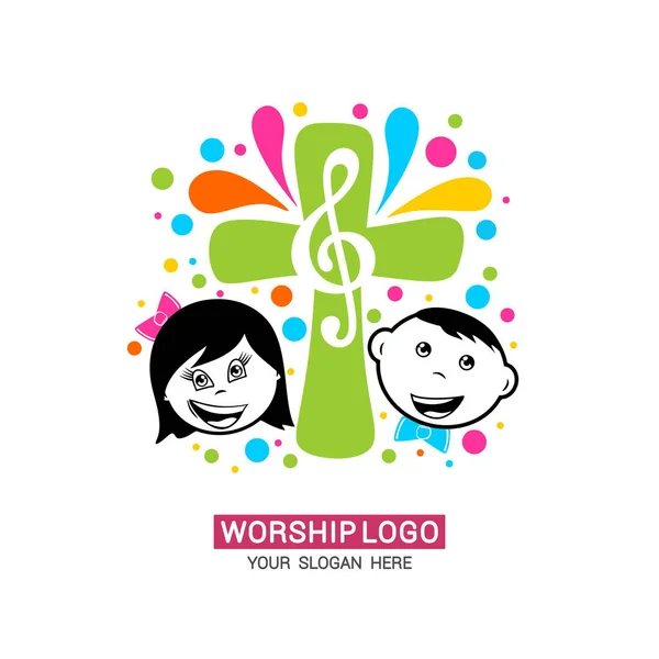 Logo Adoration Clef Triple Sur Croix Enfants Heureux Glorifiant Dieu — Image vectorielle