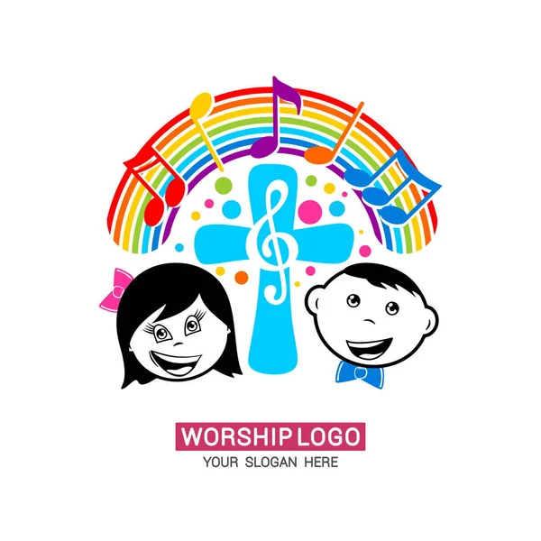 Ibadah Logo Anak Anak Memuliakan Allah Menyanyikan Pujian Dan Kemuliaan - Stok Vektor