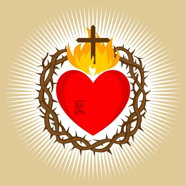 Sagrado Corazón Jesucristo Señor Salvador Del Mundo Cruz Llama Del — Vector de stock